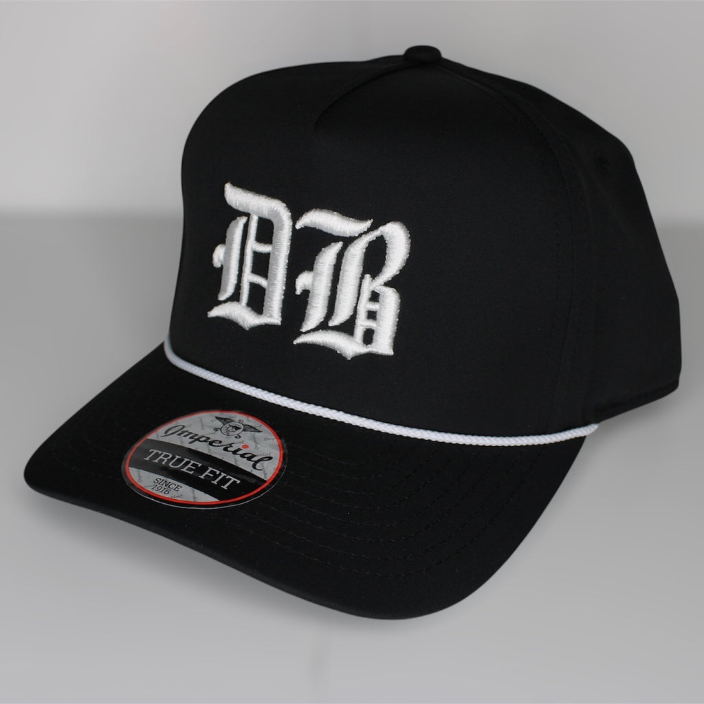 DB Old English White Embroidery Premium Black SnapBack Hat (White Rope)