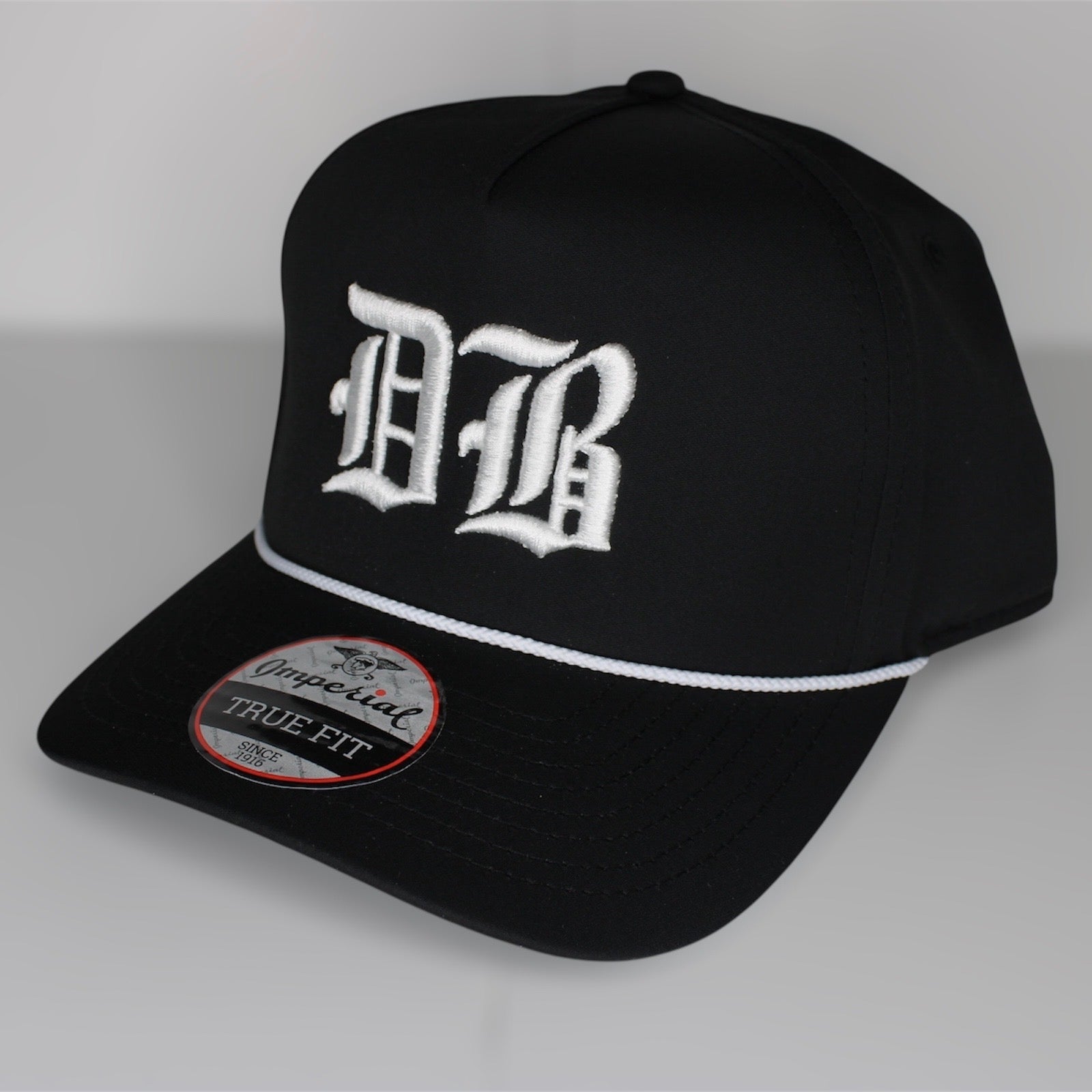 DB Old English White Embroidery Premium Black SnapBack Hat (White Rope)
