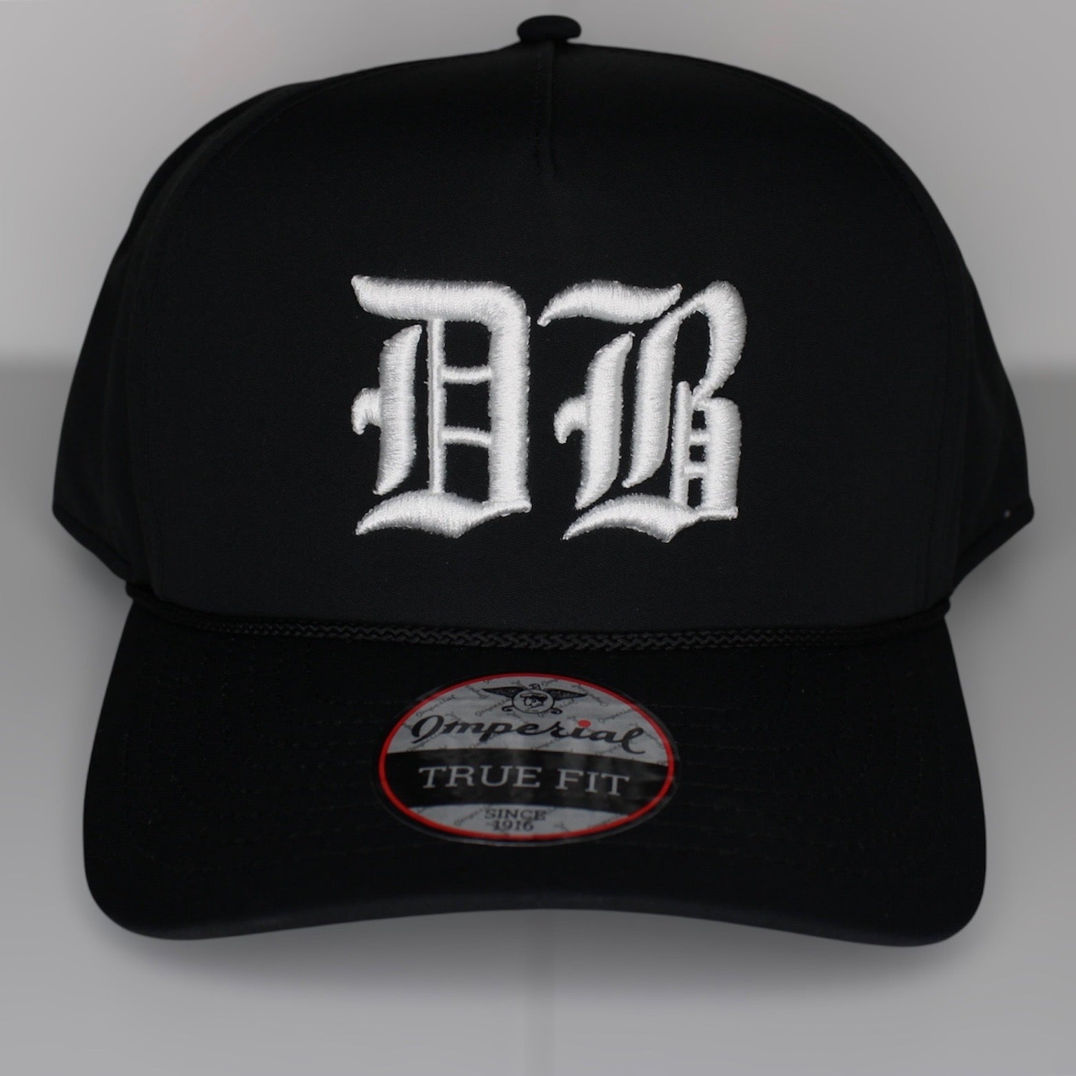 DB Old English White Embroidery Premium Black SnapBack Hat (Black Rope)